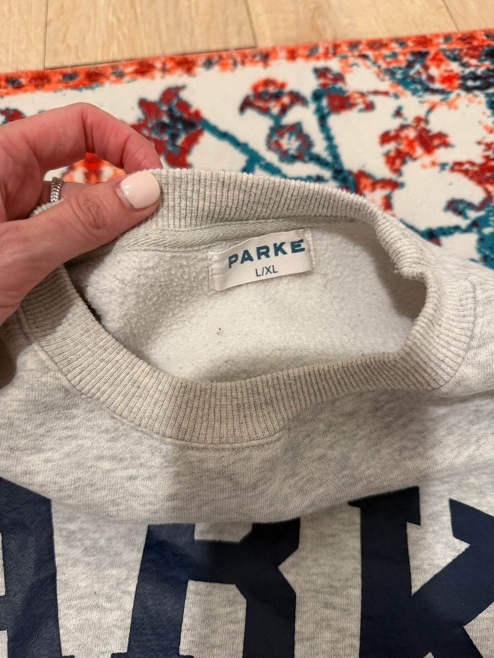 Parker Gray Crewneck Sweatshirt with Navy Lettering : stained - Picture 2 of 9